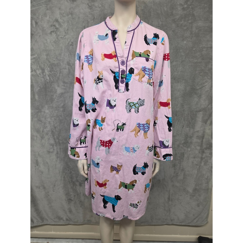 Nick & Nora Pink Dog Print Cotton Nightshirt XL Long Sleeve Sleepwear Henley